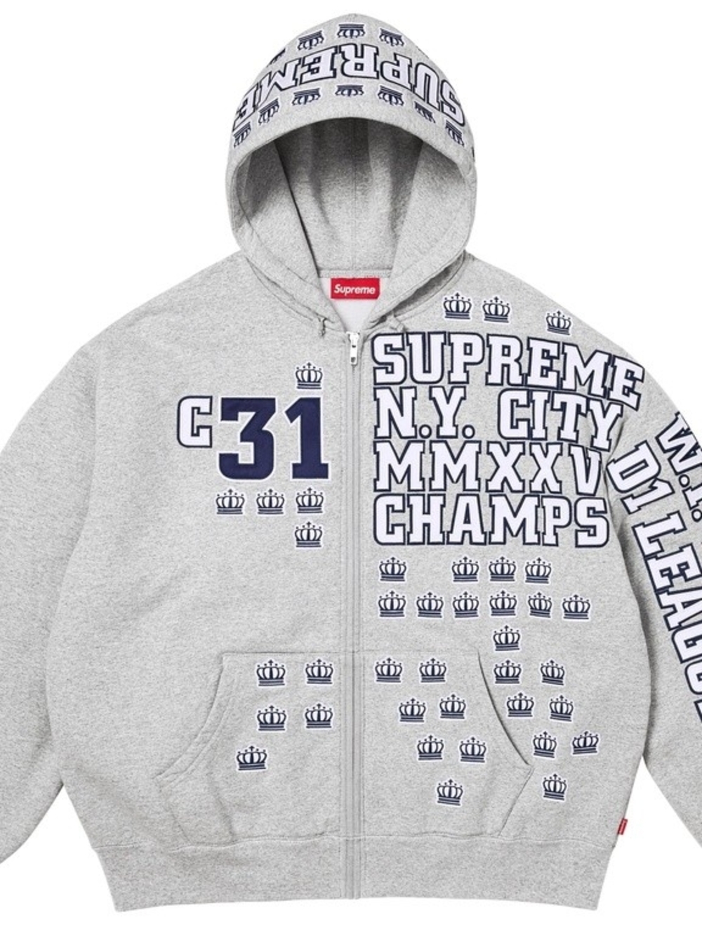 Supreme Gray Zip-Up Hoodie with Navy Collegiate Graphics